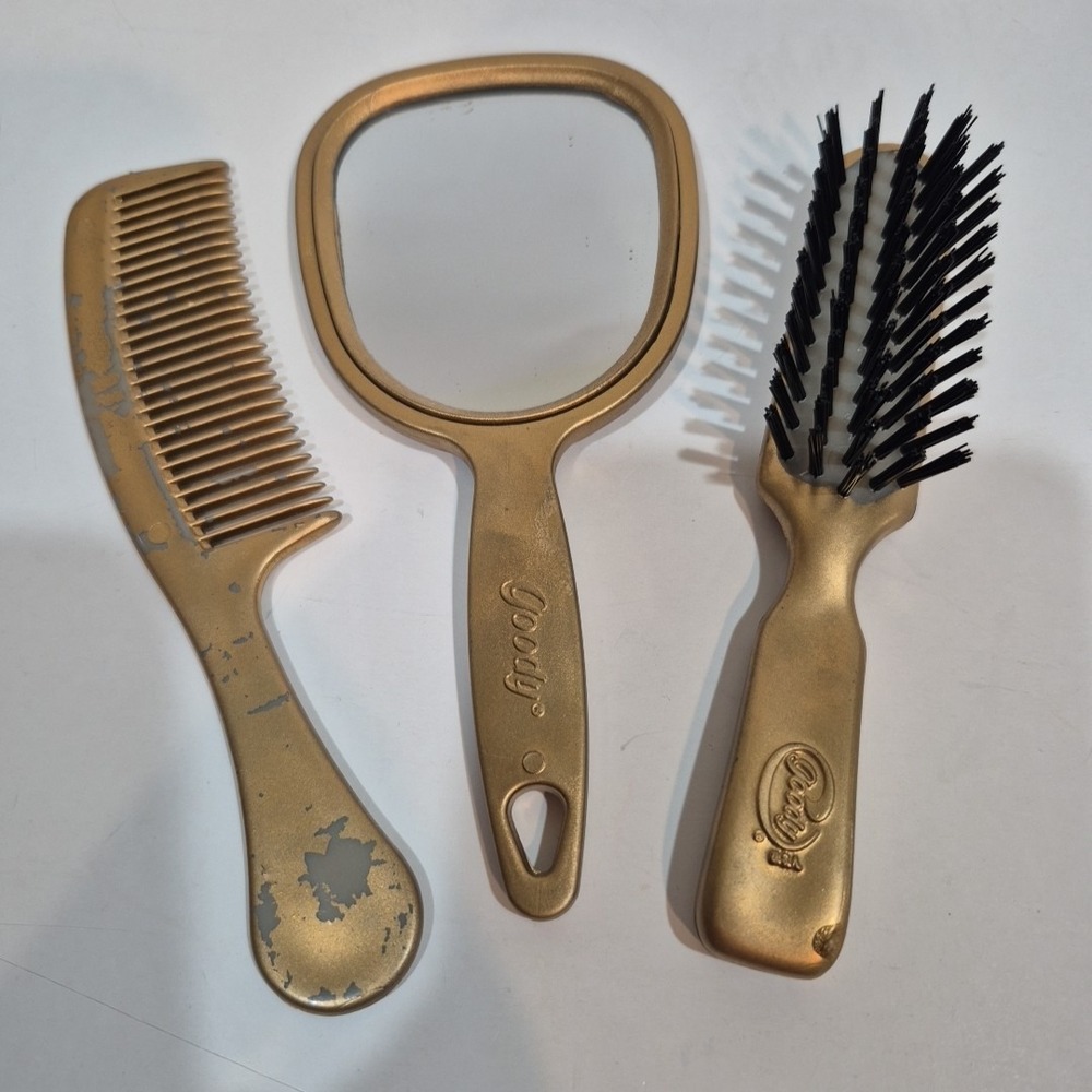 Gold Goody Brush, Comb, & Mirror. Finish is peeling/flaking off.